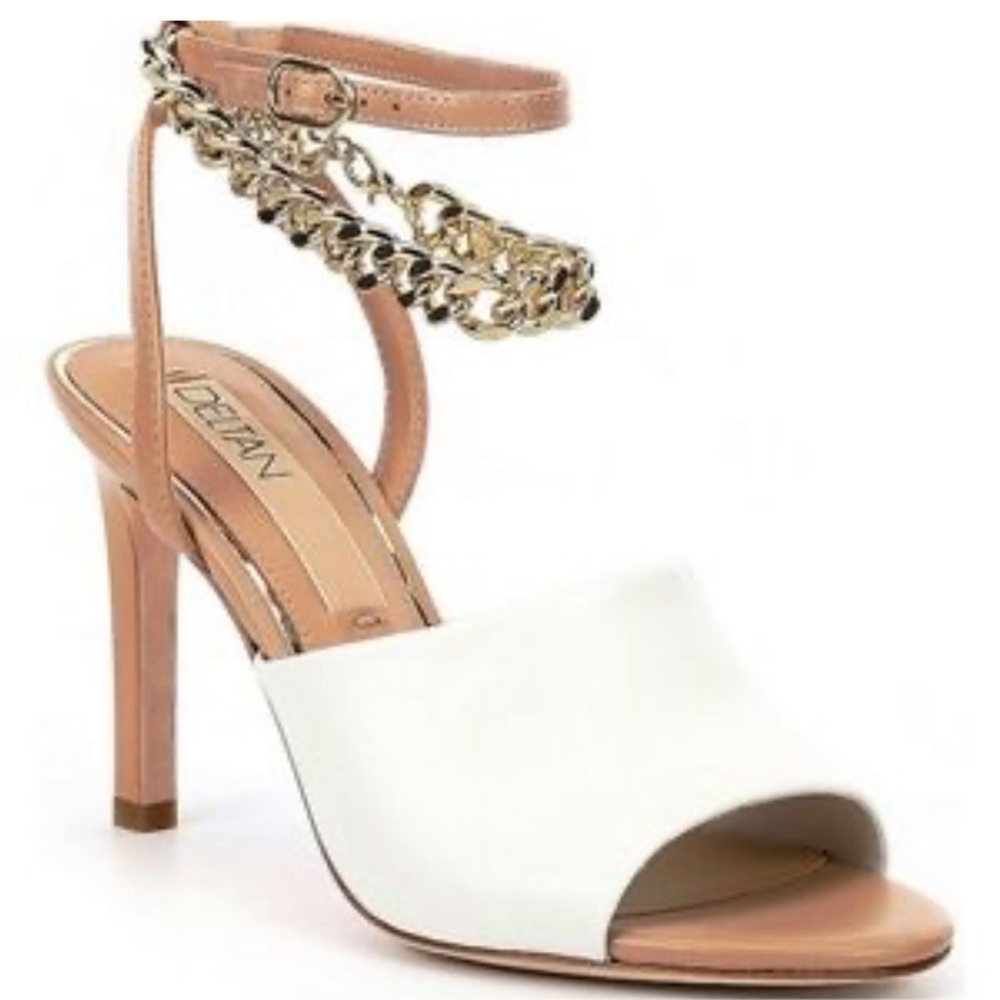 DOLAN White and Tan High Heel Sandal with Gold Chain Ankle Strap